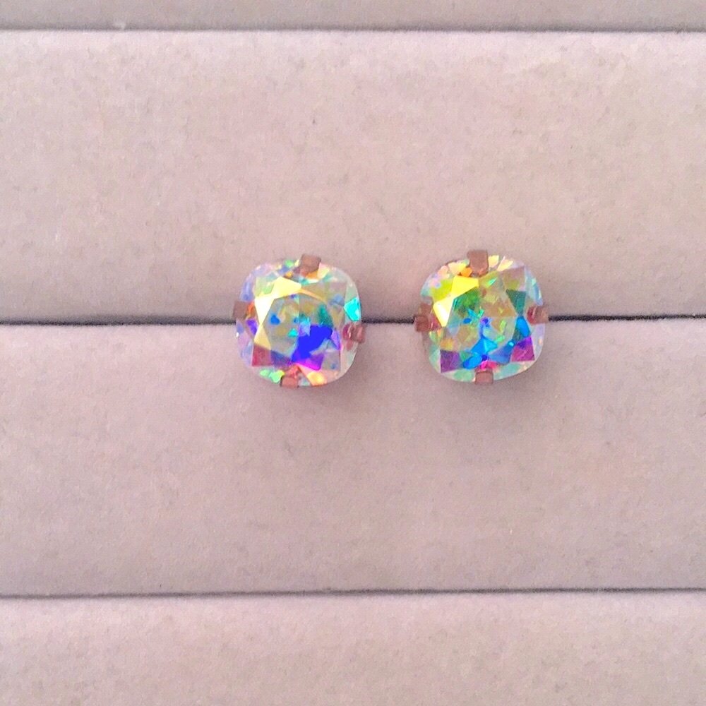 Aurora Borealis + Rose Gold Cushion Cut Crystal Earrings - Picture 3 of 6